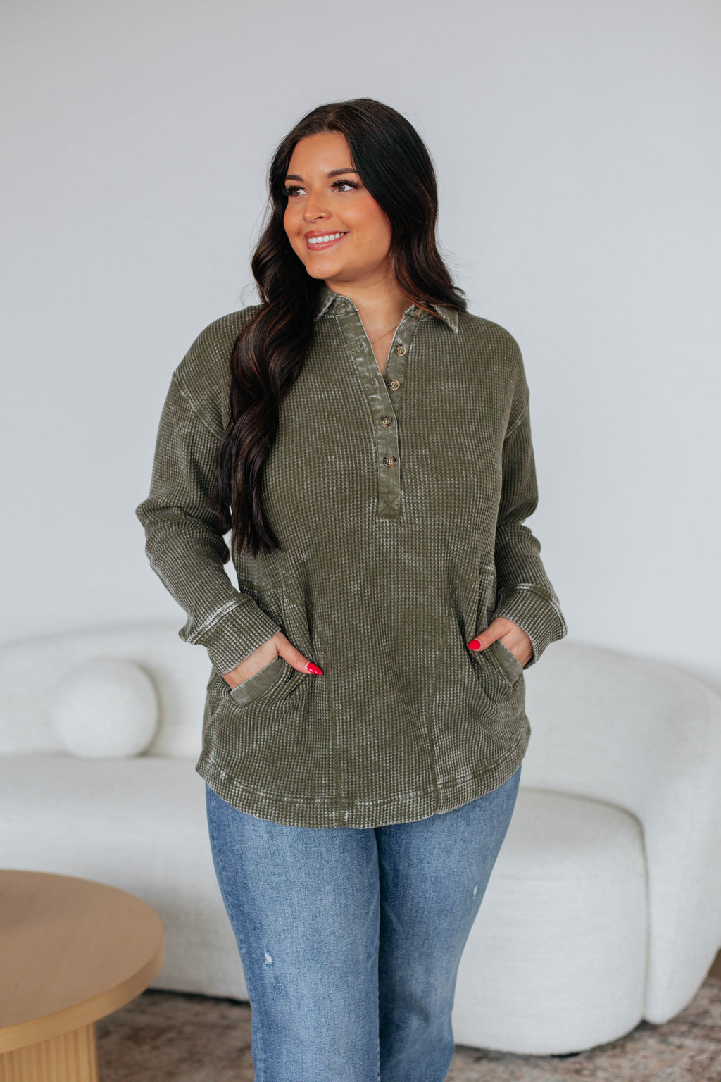 Sallie Waffle Knit Top - Moss