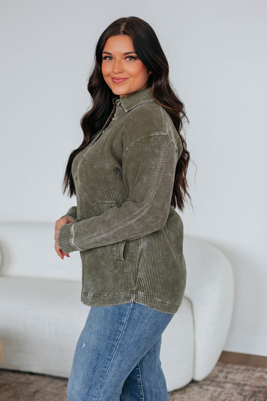 Sallie Waffle Knit Top - Moss