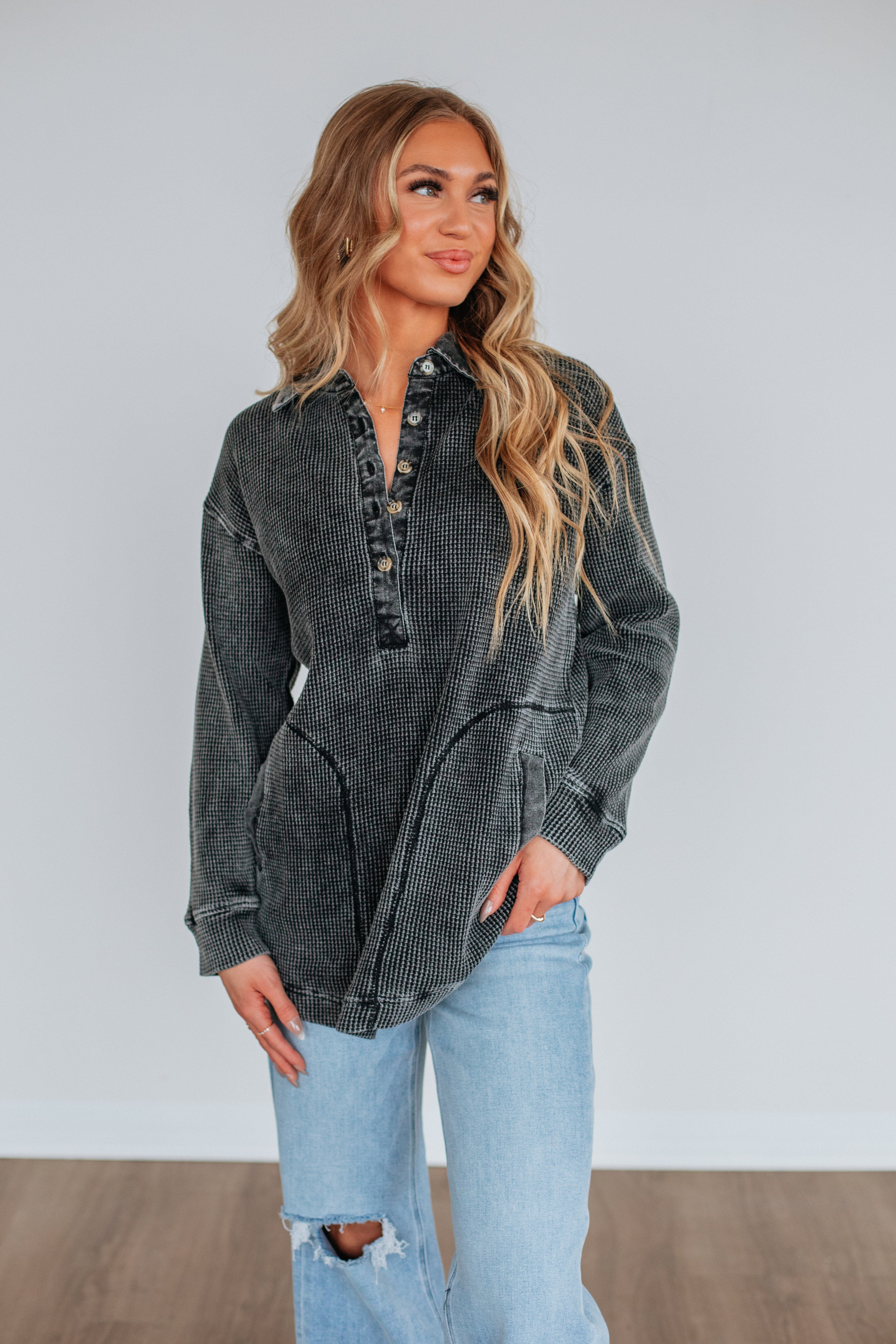 Sallie Waffle Knit Top - Vintage Black