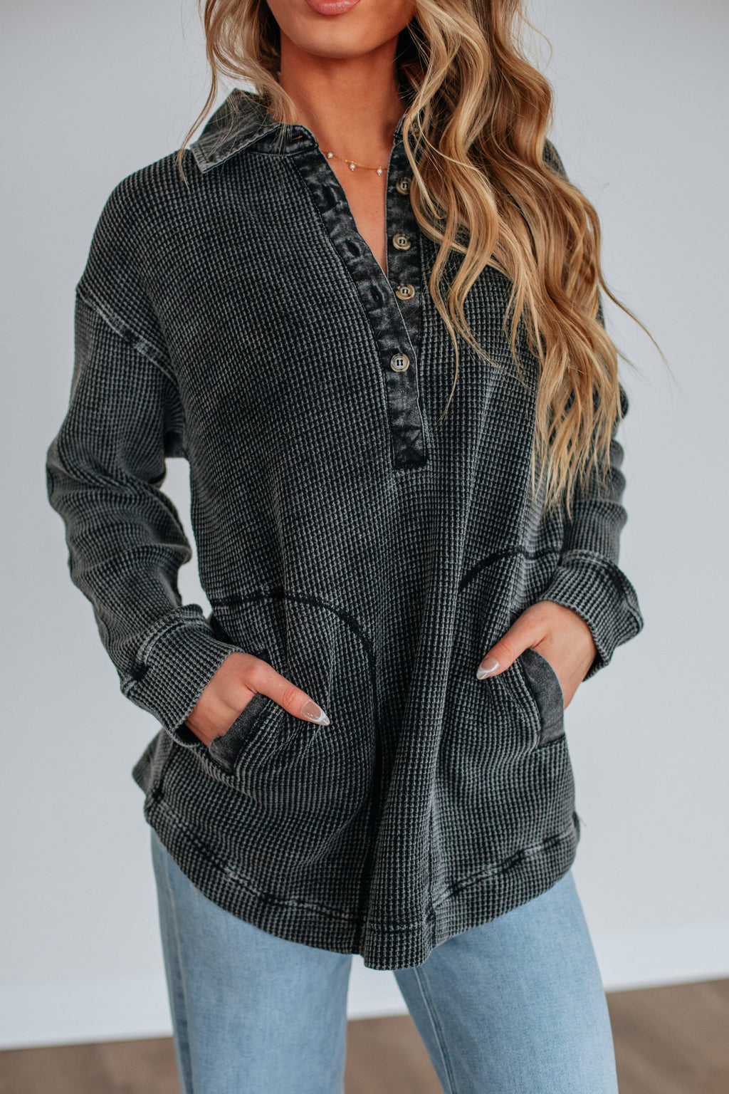 Sallie Waffle Knit Top - Vintage Black