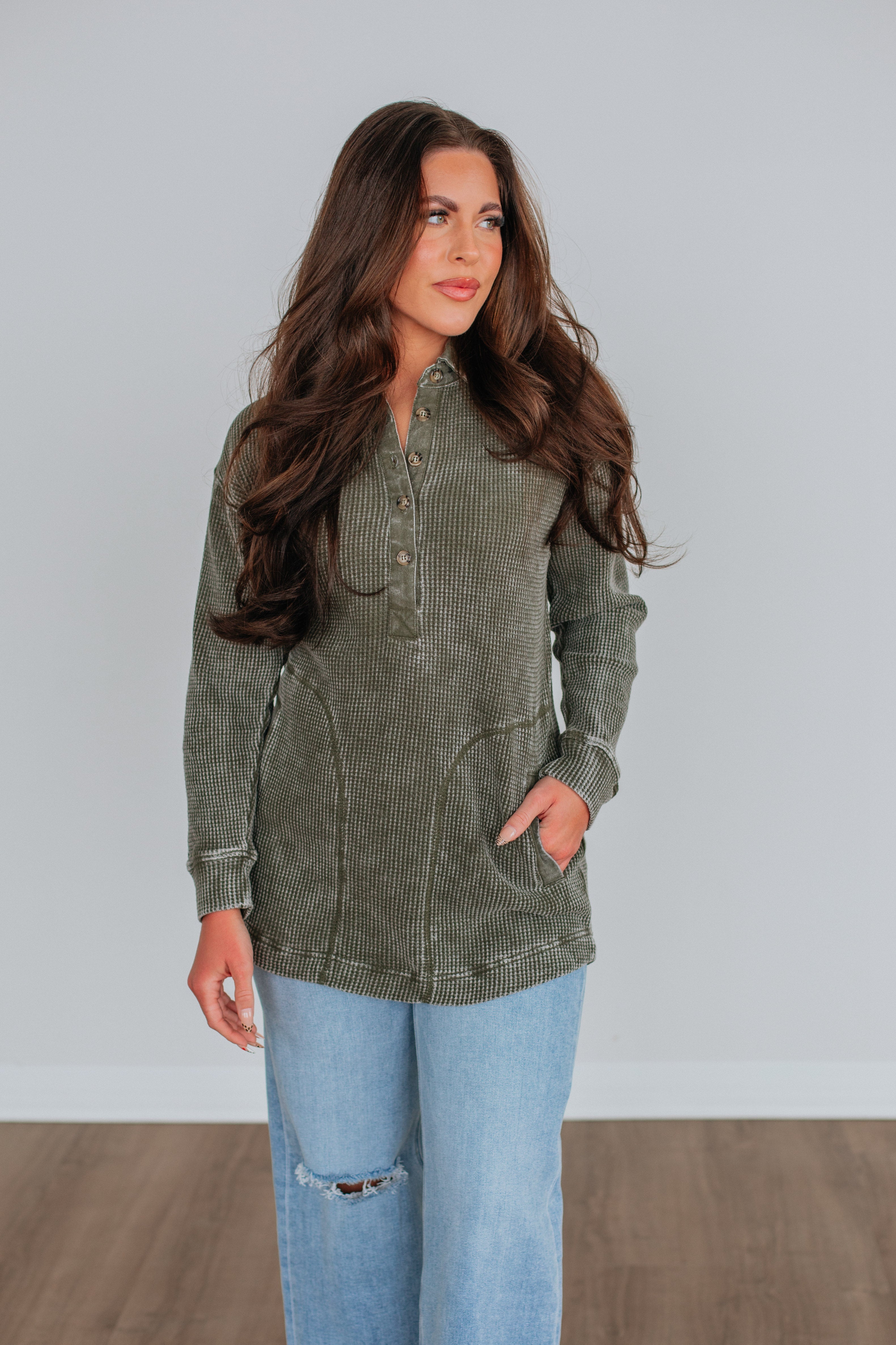 Sallie Waffle Knit Top - Moss