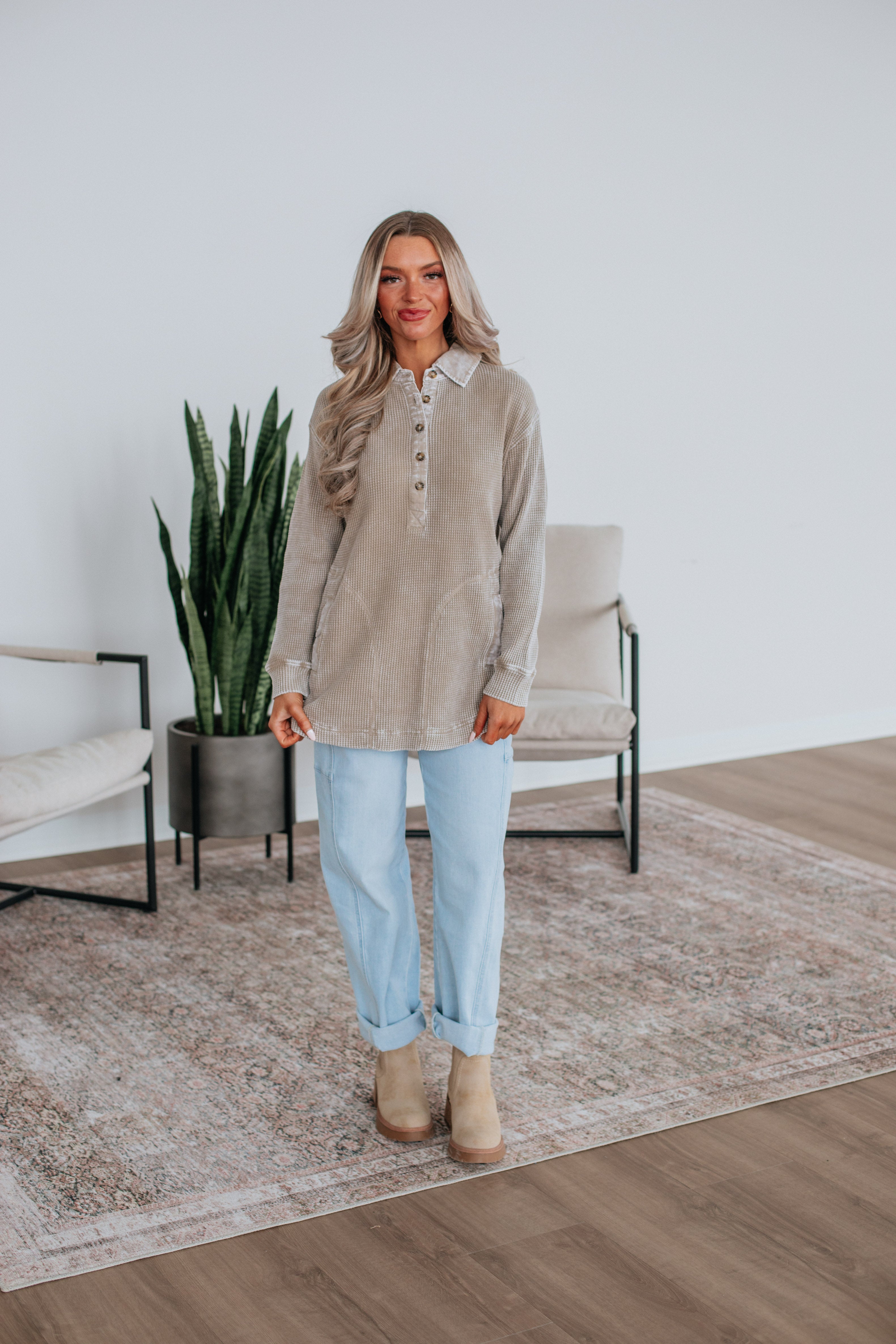 Sallie Waffle Knit Top - Smokey Taupe