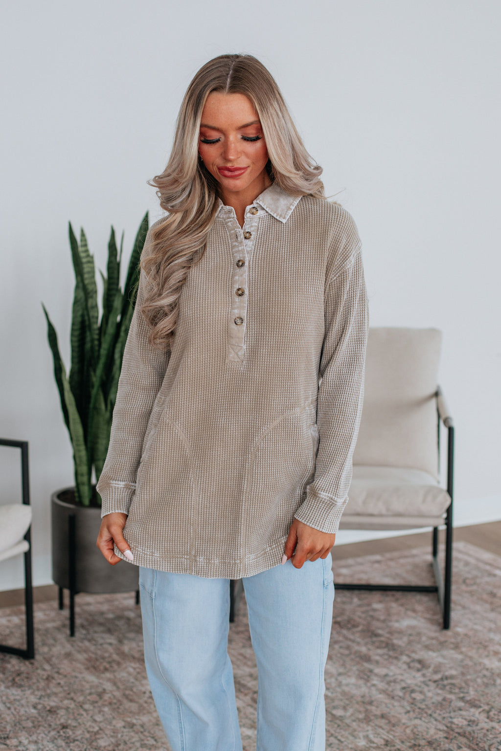 Sallie Waffle Knit Top - Smokey Taupe