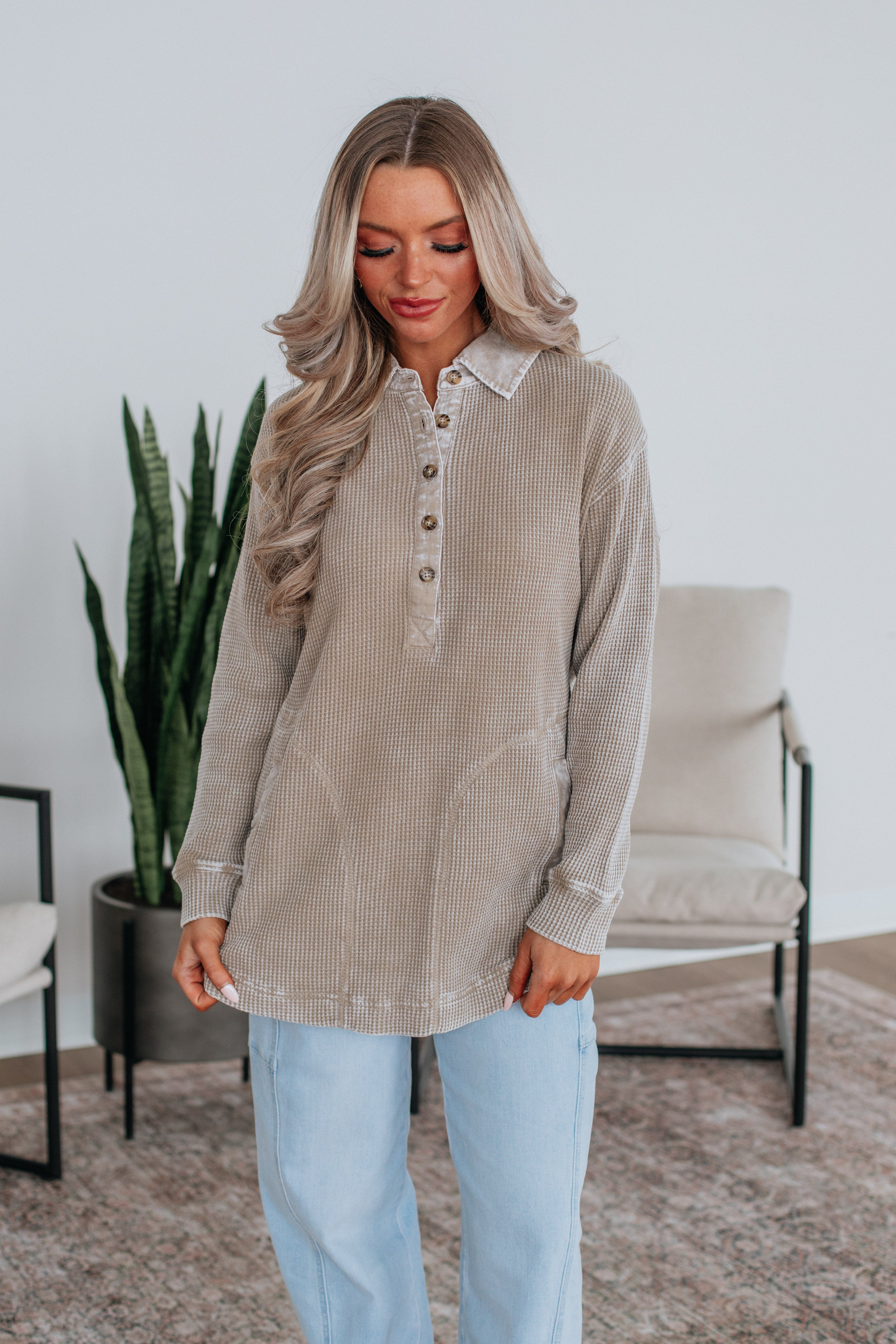 Sallie Waffle Knit Top - Smokey Taupe