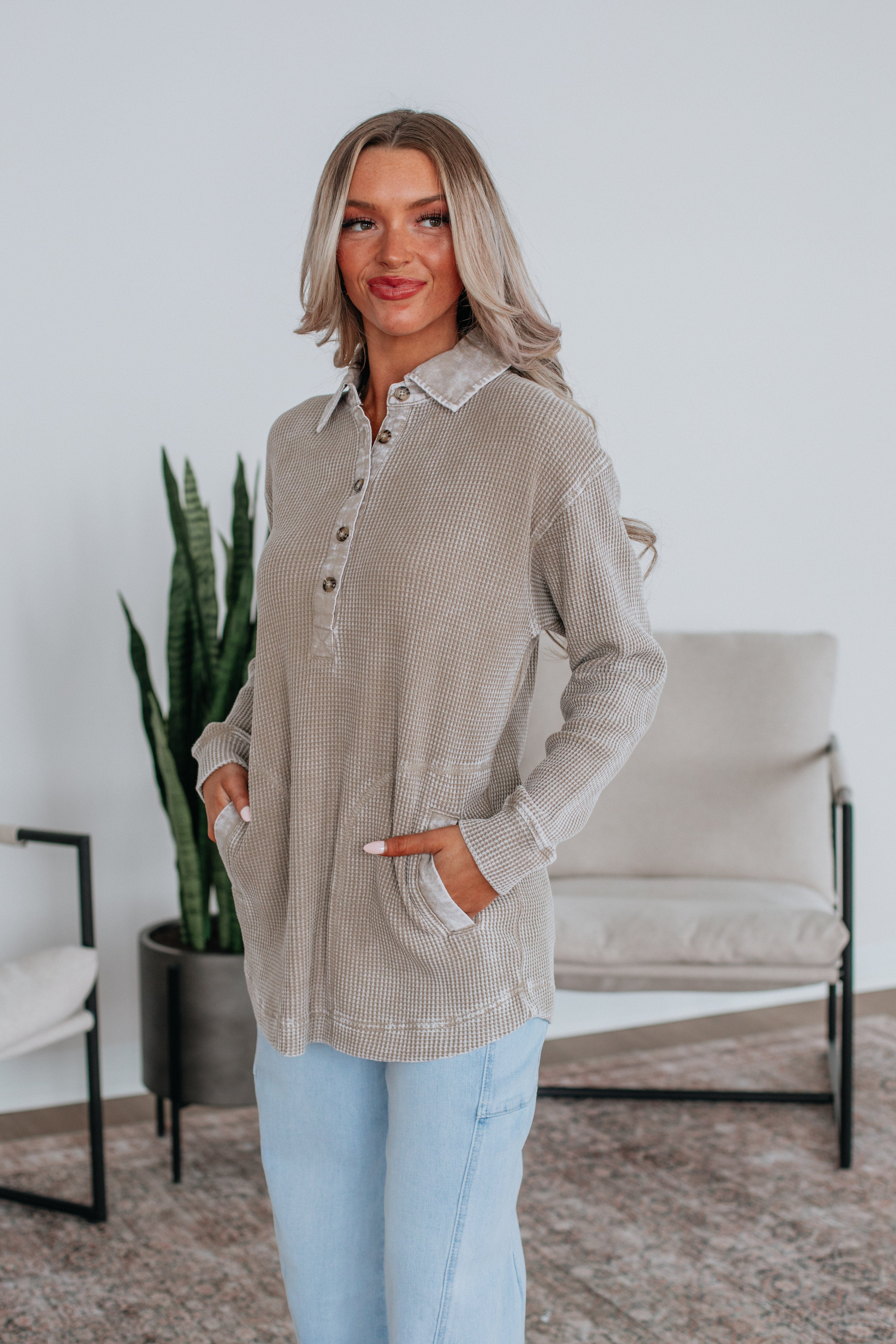 Sallie Waffle Knit Top - Smokey Taupe