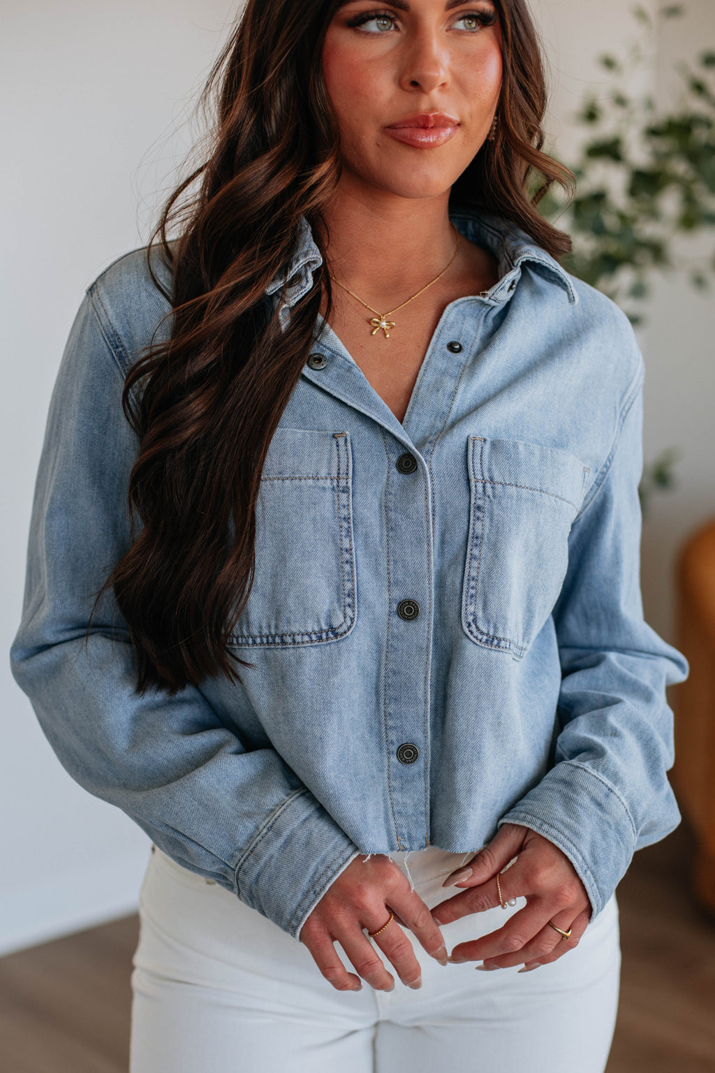 Harlow Hidden Denim Shacket - Light Wash