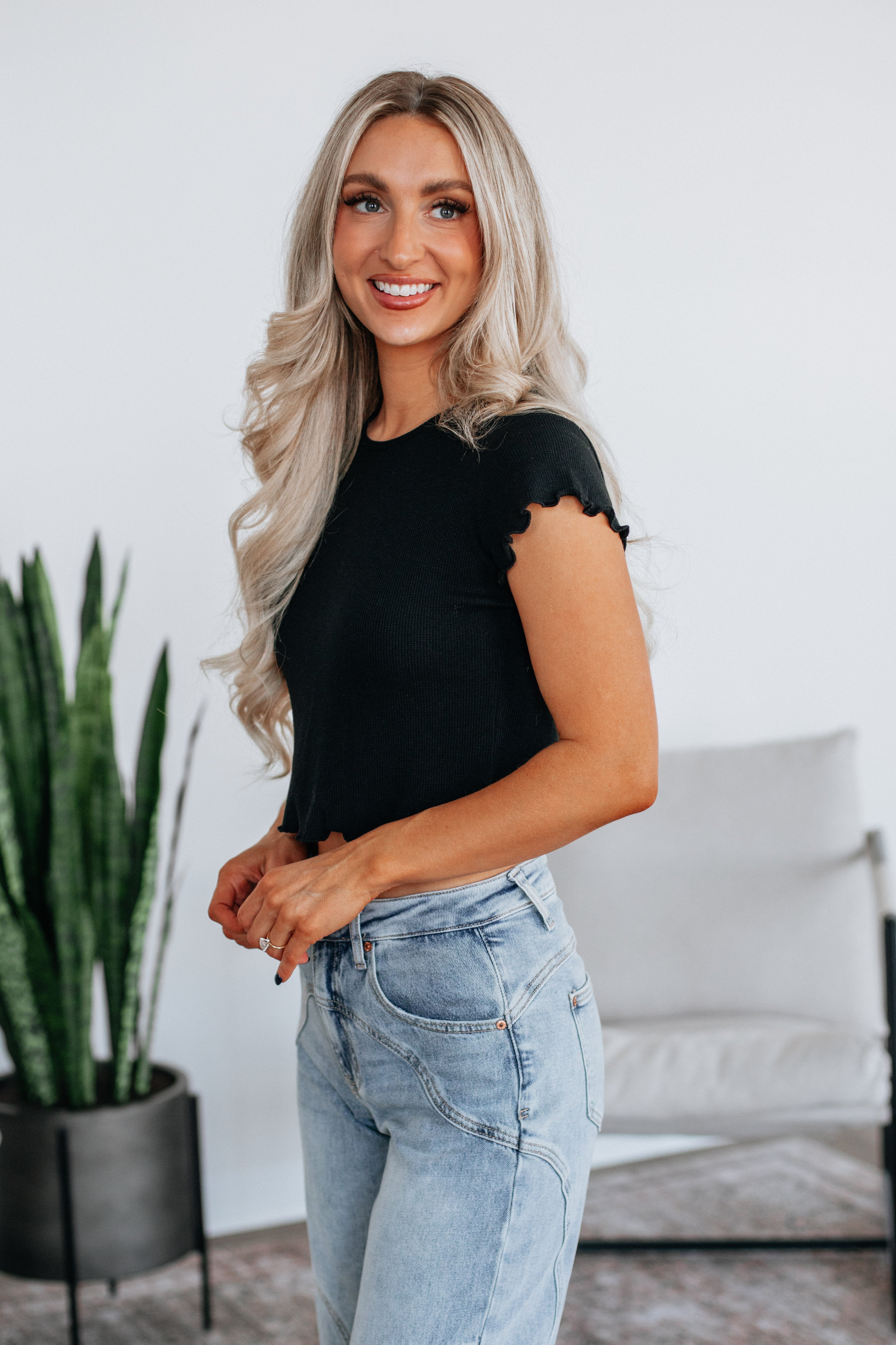 Tara Waffle Knit Top - Black