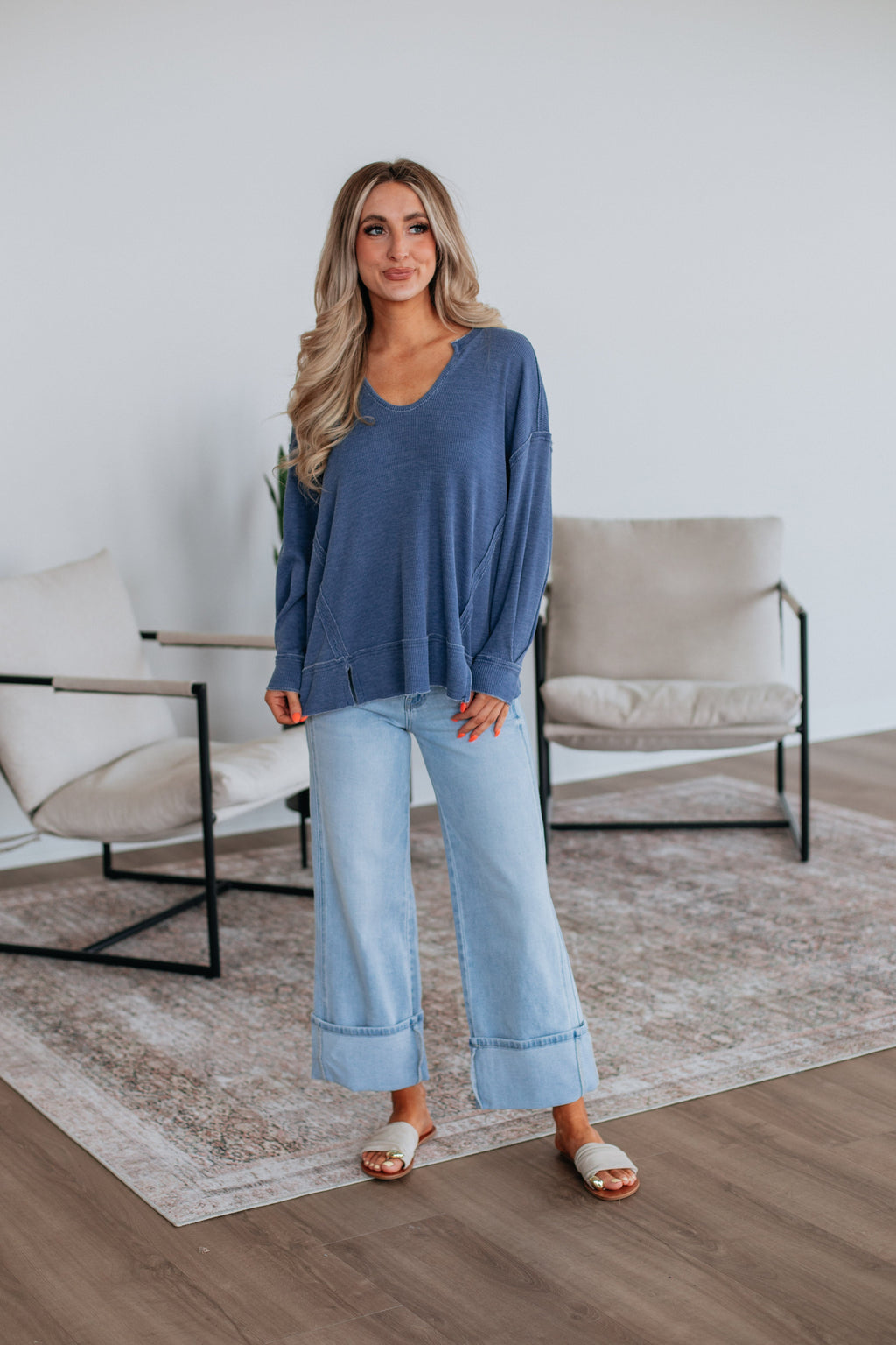 Kathrin Waffle Knit Top - Steel Blue