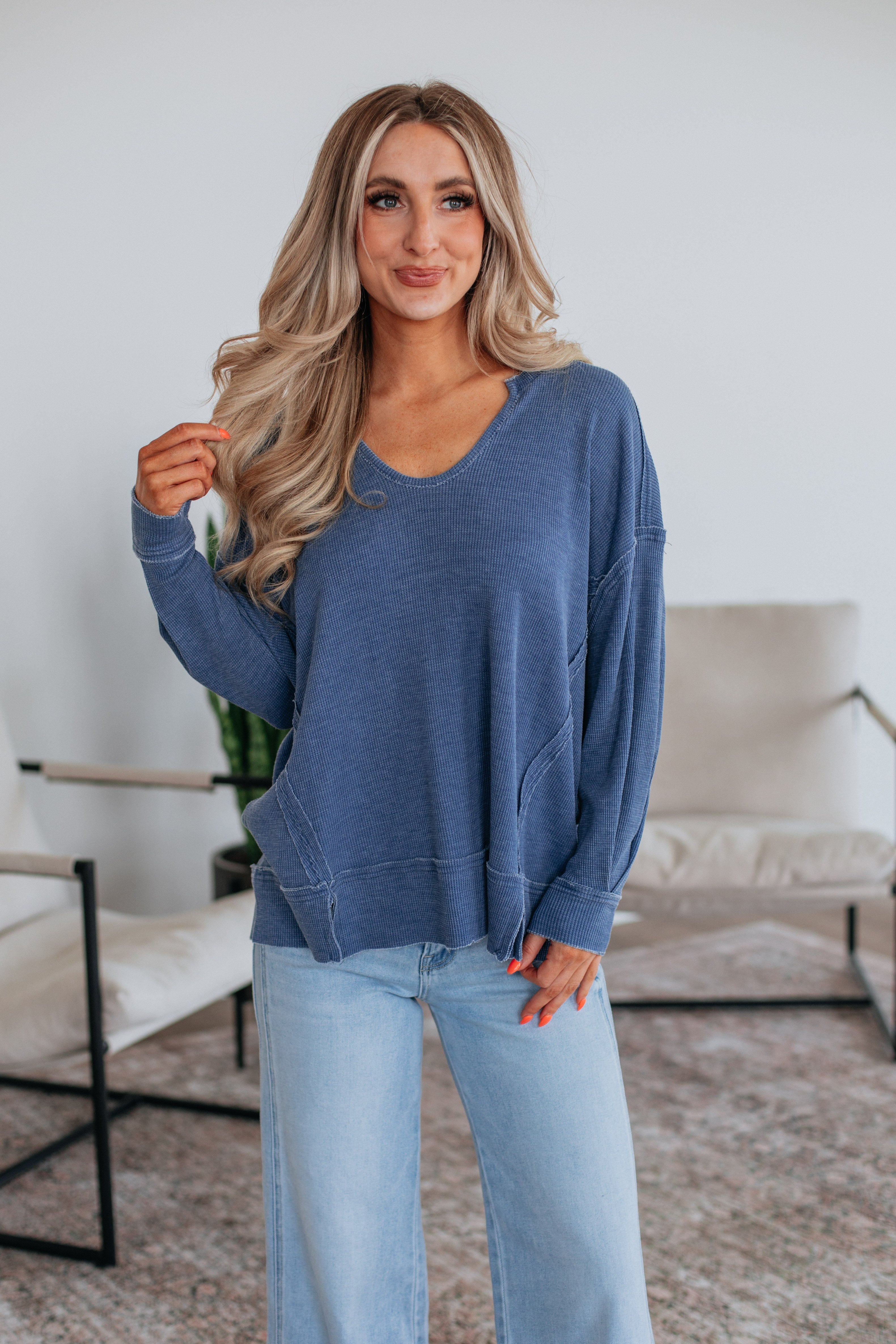 Kathrin Waffle Knit Top - Steel Blue