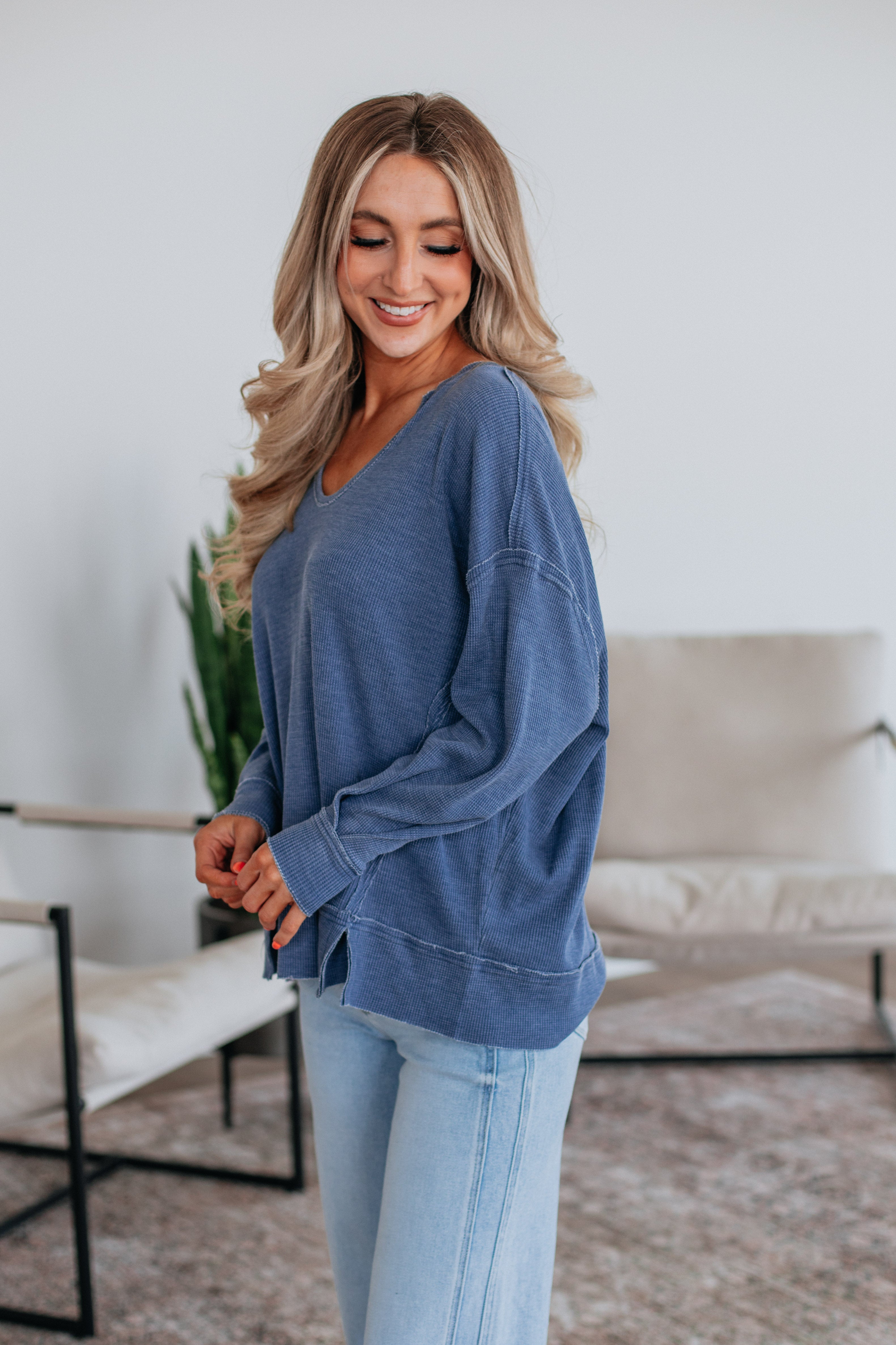 Kathrin Waffle Knit Top - Steel Blue