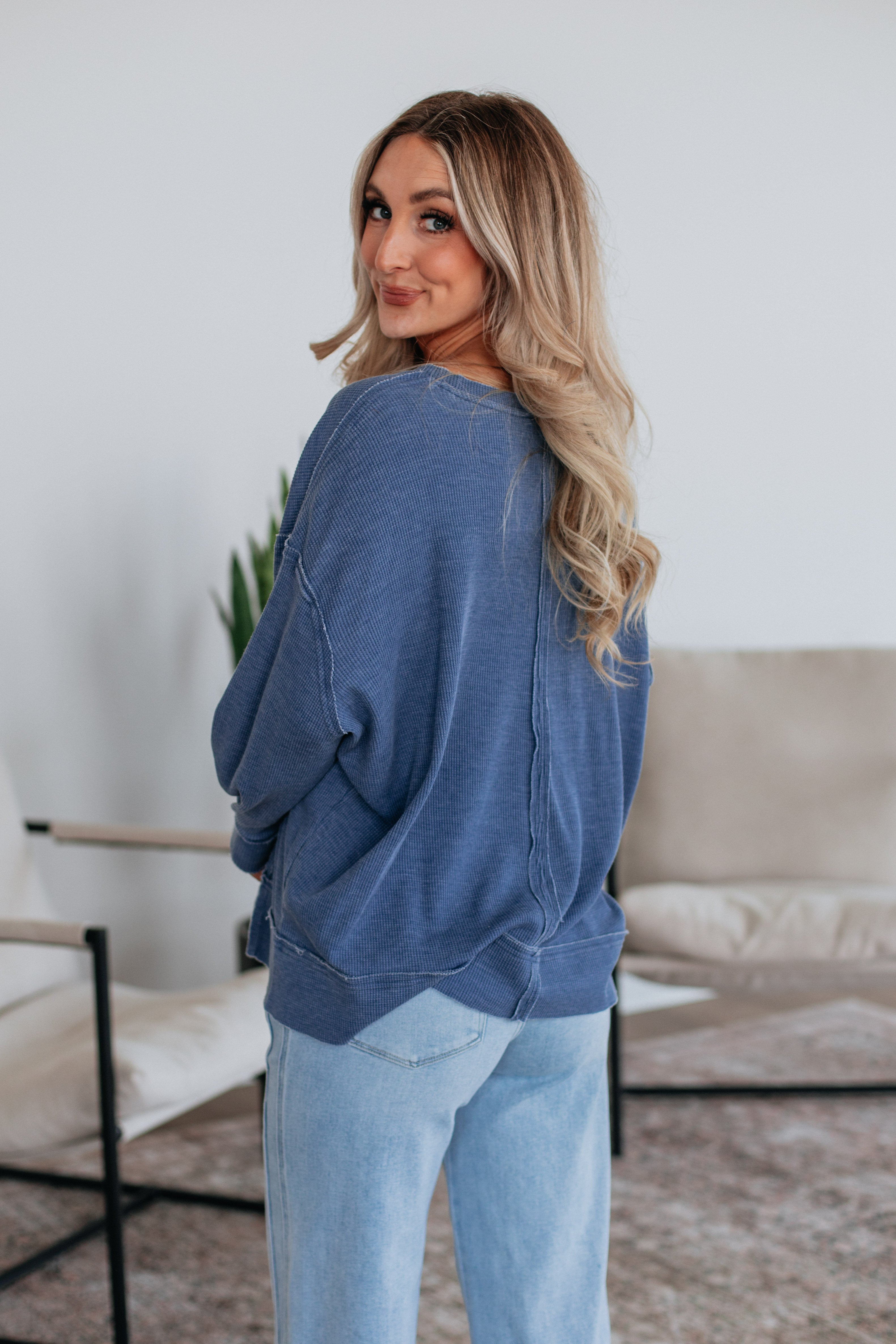 Kathrin Waffle Knit Top - Steel Blue