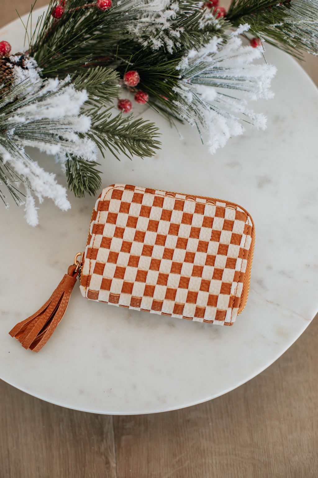 Never On Schedule Wallet - Checkered Cognac