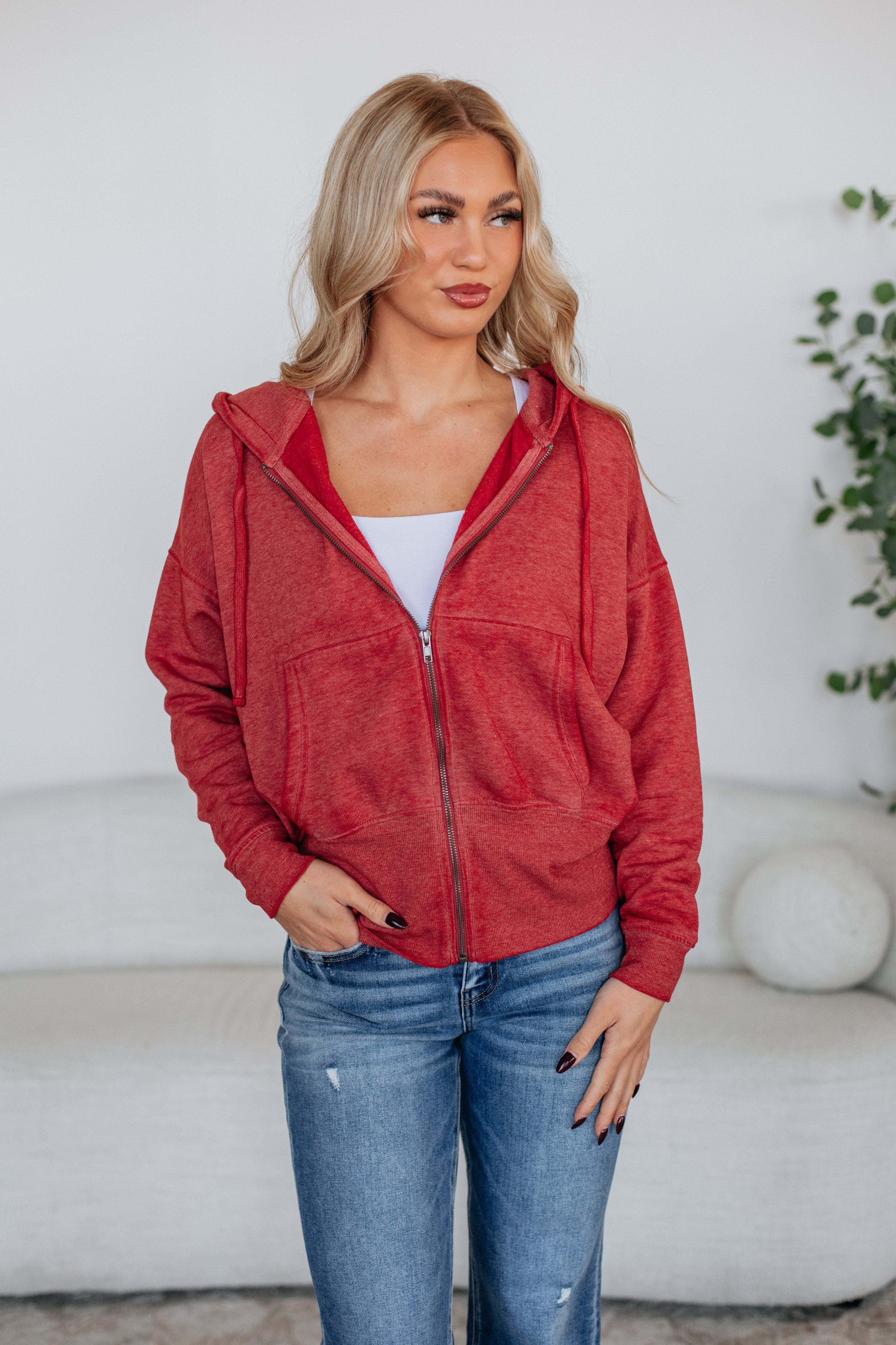 Maxwell Washed Zip-Up Hoodie - Pomegranate