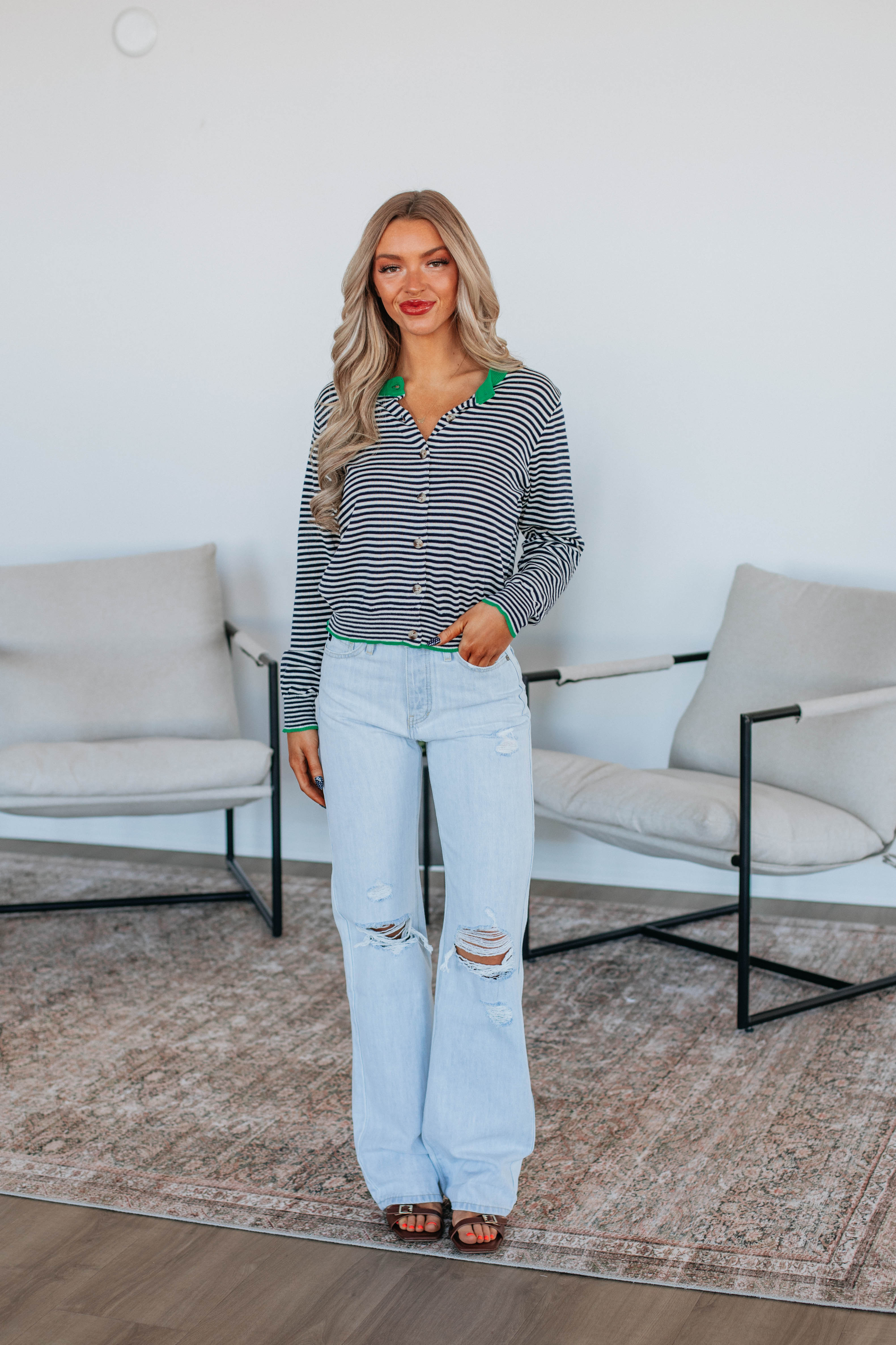 Quinley Striped Cardigan - Kelly Green Mix