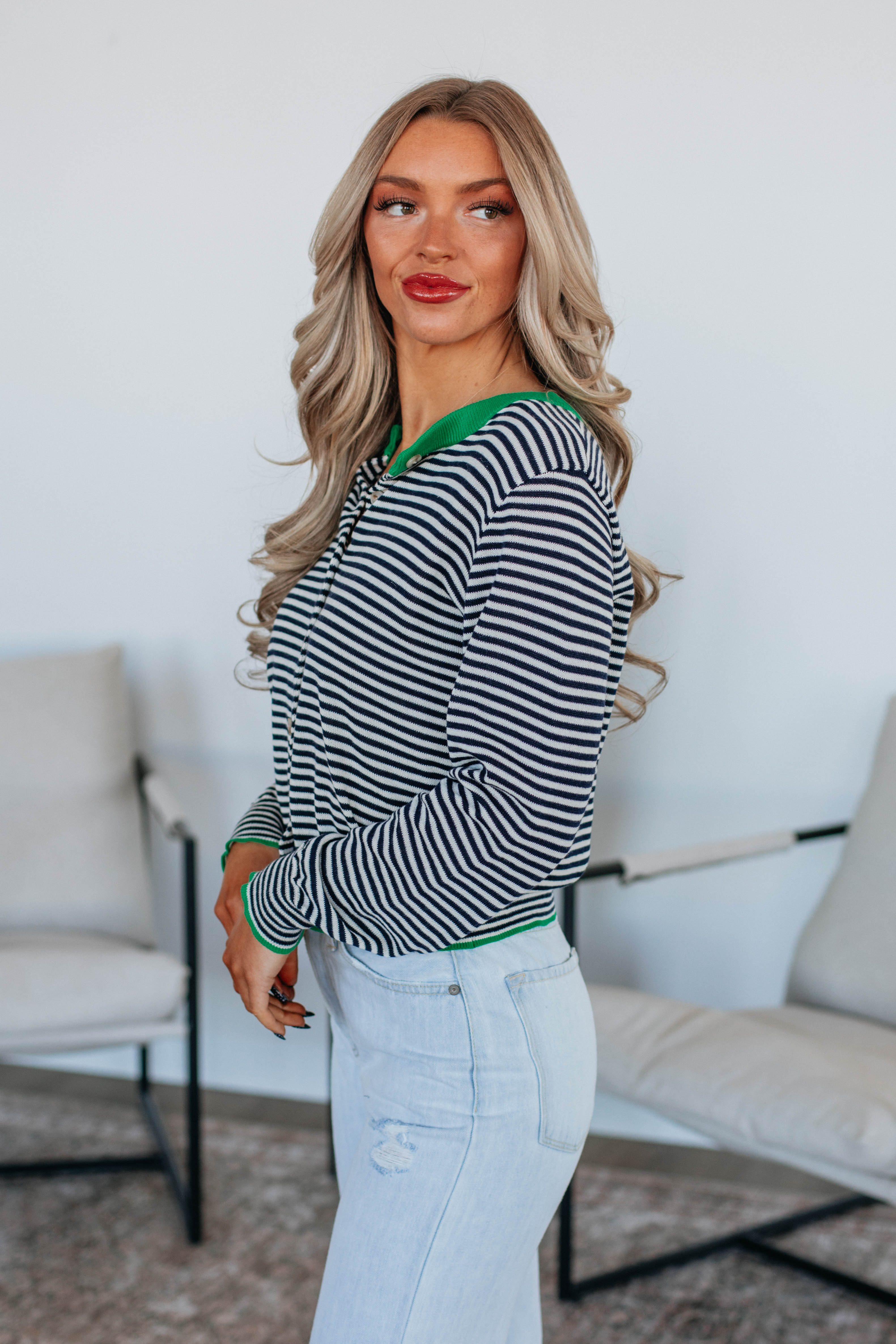 Quinley Striped Cardigan - Kelly Green Mix